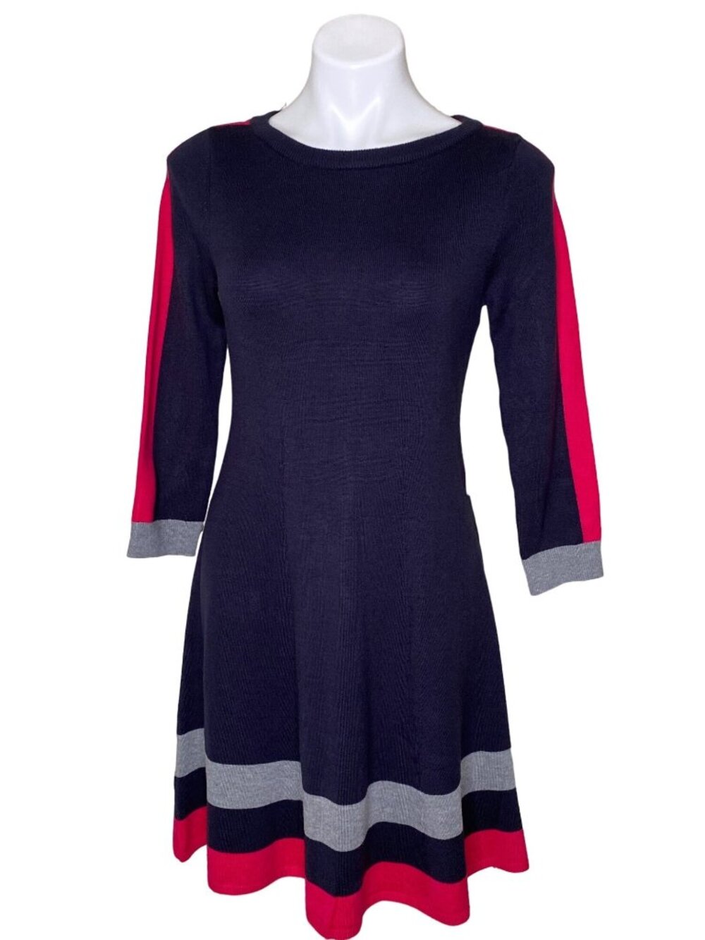 Vince Camuto NWT $128 Women's Navy Red Gray Stripe Knit Fit & Flare Dress Size S